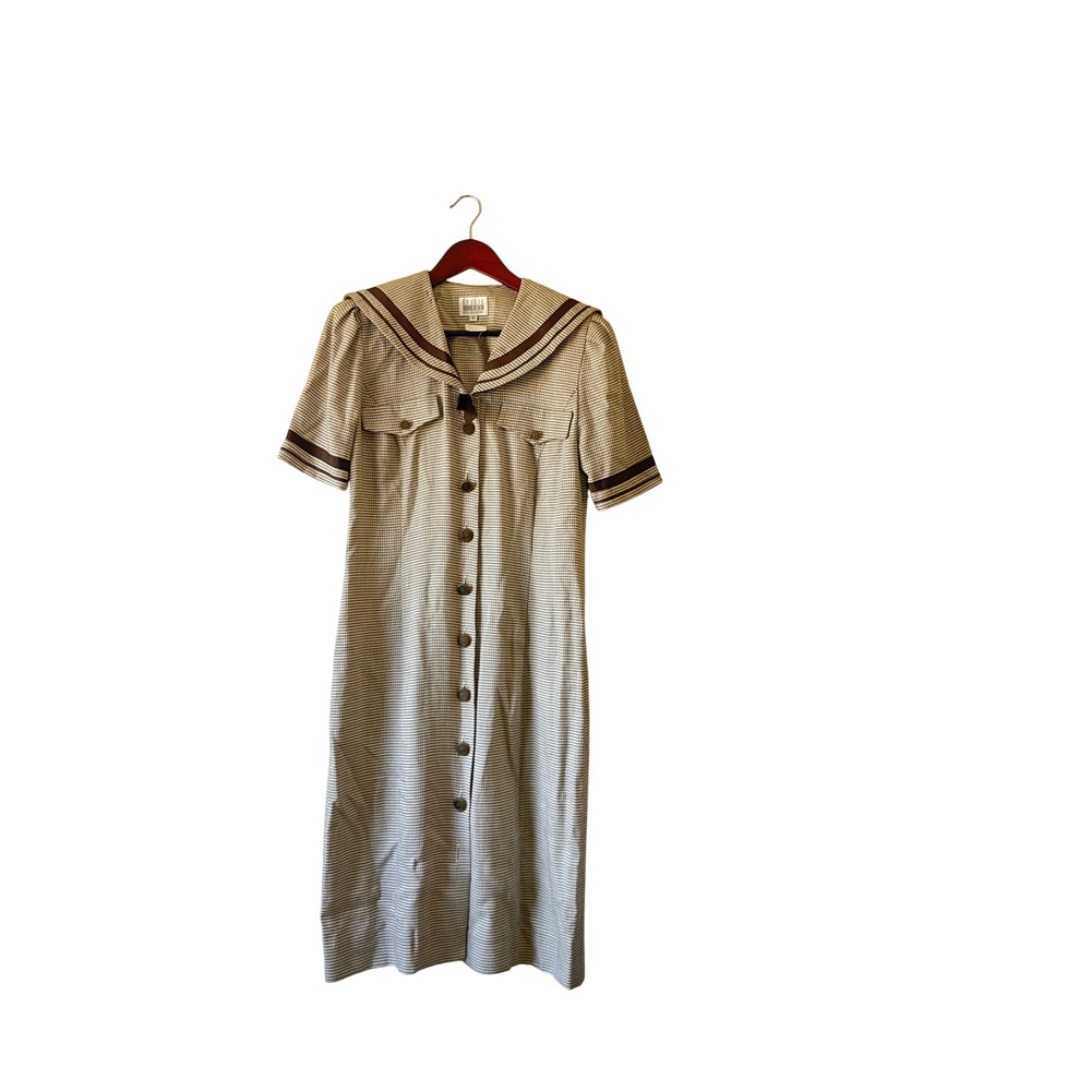 Vintage Leslie Fay Petite Sailor Collar Houndstooth Dress Brown Tan Size